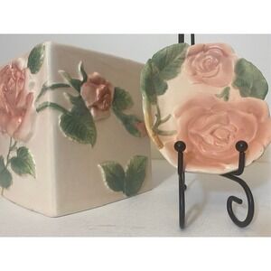 Fitz &‎ Floyd Japan Pink Rose Tissue Box Cover & Trinket Dish Set **VINTAGE 1987